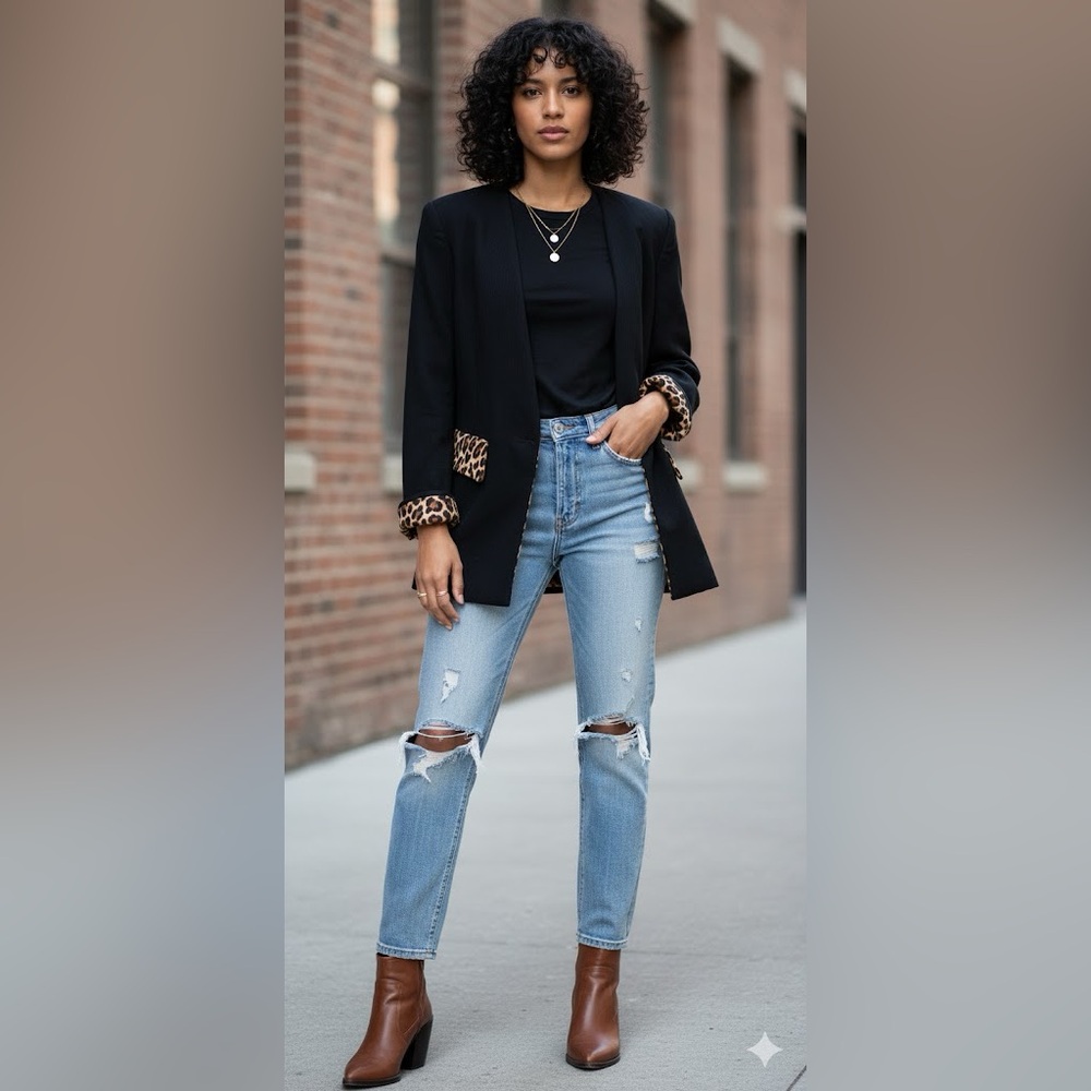 Bestini Vintage Black Leopard Accent Blazer Made in France 90s